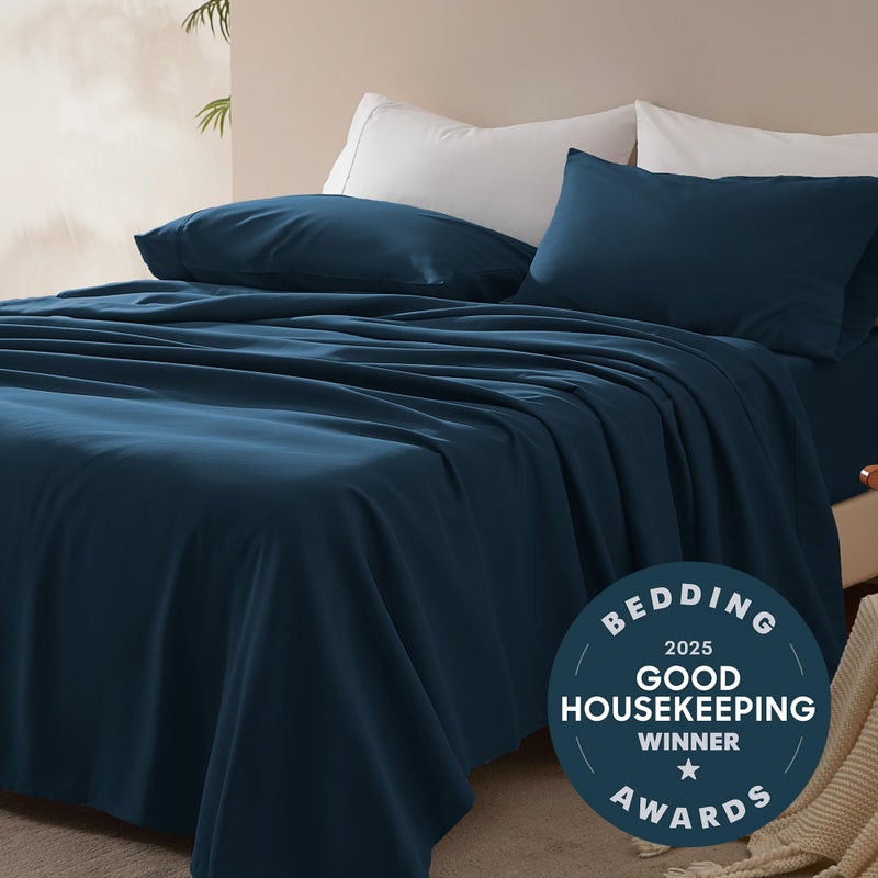 SLEEP ZONE Nanotex Super Soft Cooling Full Size Bed Sheets Set 4 Piece - Easy Care Fitted Flat Sheet & Pillowcase Sets - Wrinkle Free, Fade Resistant, Deep Pocket 16" (Navy Blue, Full) - Image 2